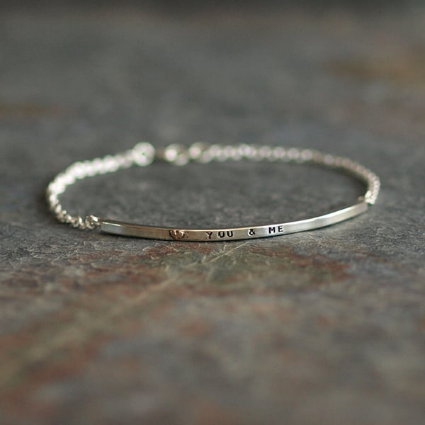 Sterling Silver Bar Bracelet with 9ct Yellow Gold Heart and Custom Message