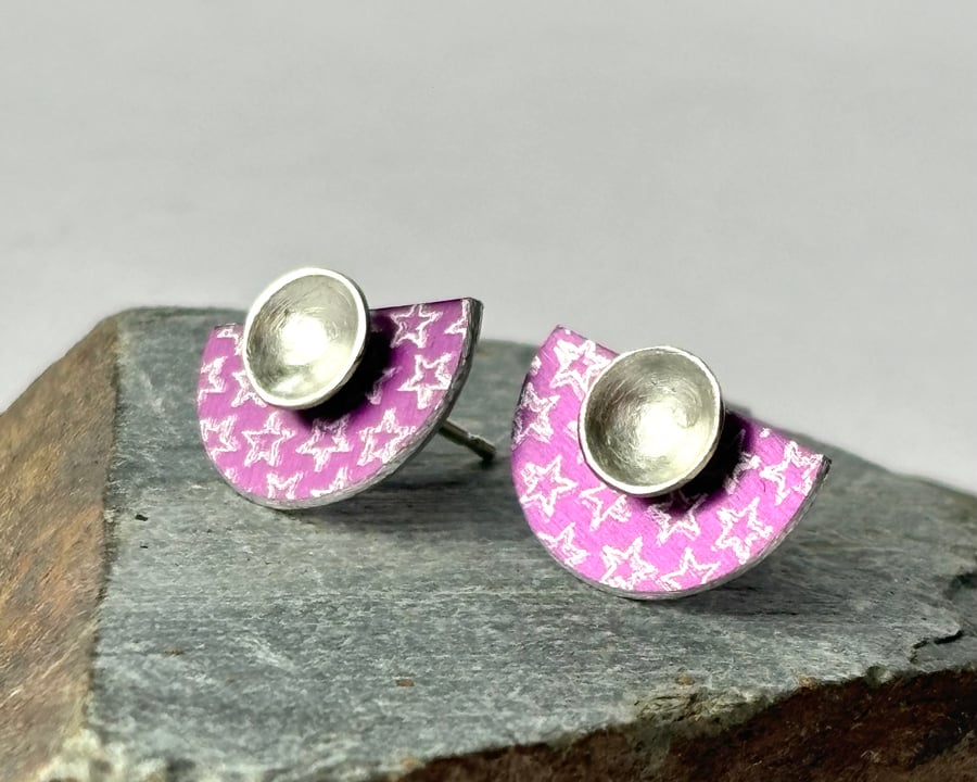 Silver and pink half moon studs - small
