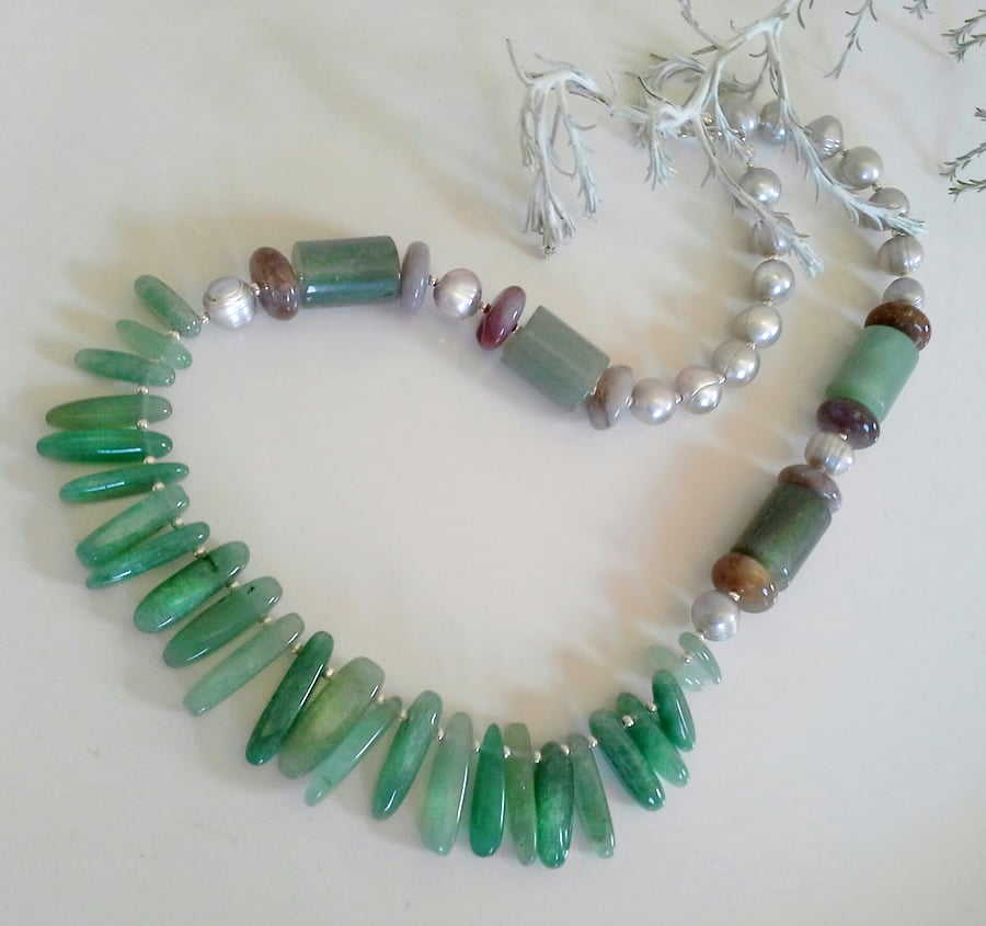 Green Aventurine, Jasper & Freshwater Barogue Pearls Sterling Silver Necklace