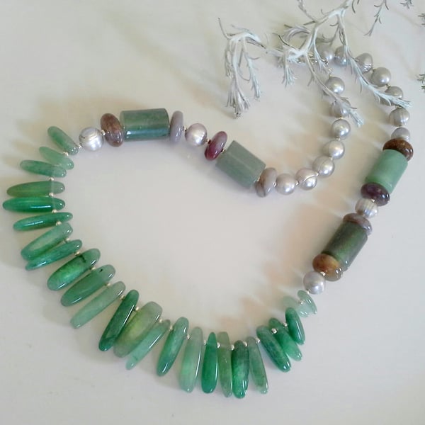 Green Aventurine, Jasper & Freshwater Pearls Sterling Silver Necklace