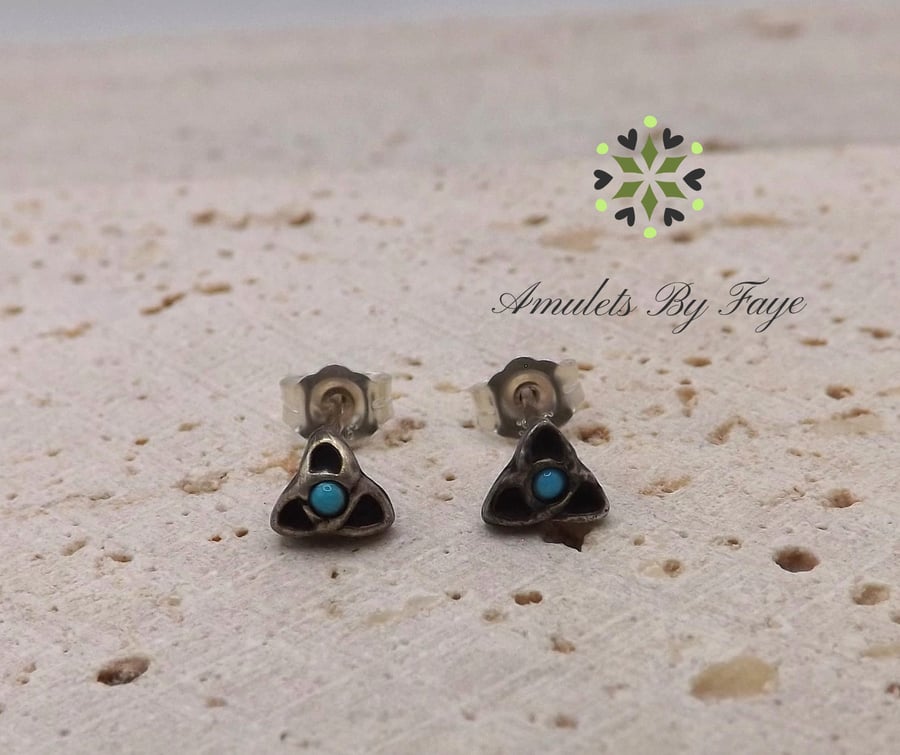 Recycled Sterling Silver Triquetra Stud Earrings with 1.5mm Turquoise Gemstones.