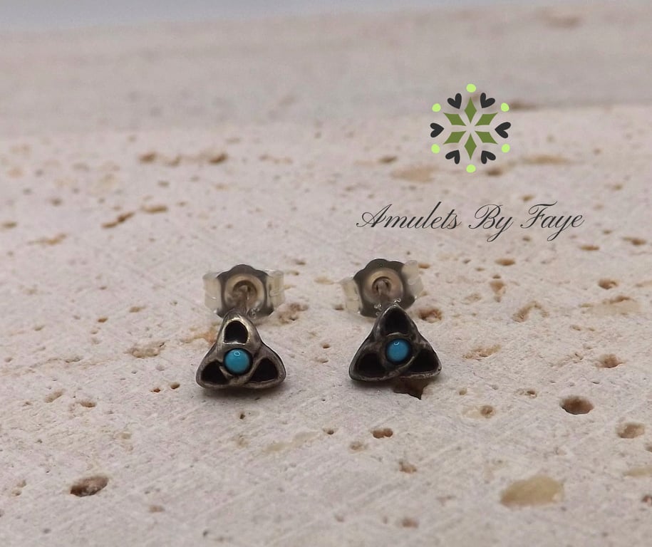 Recycled Sterling Silver Triquetra Stud Earrings with 1.5mm Turquoise Gemstones.