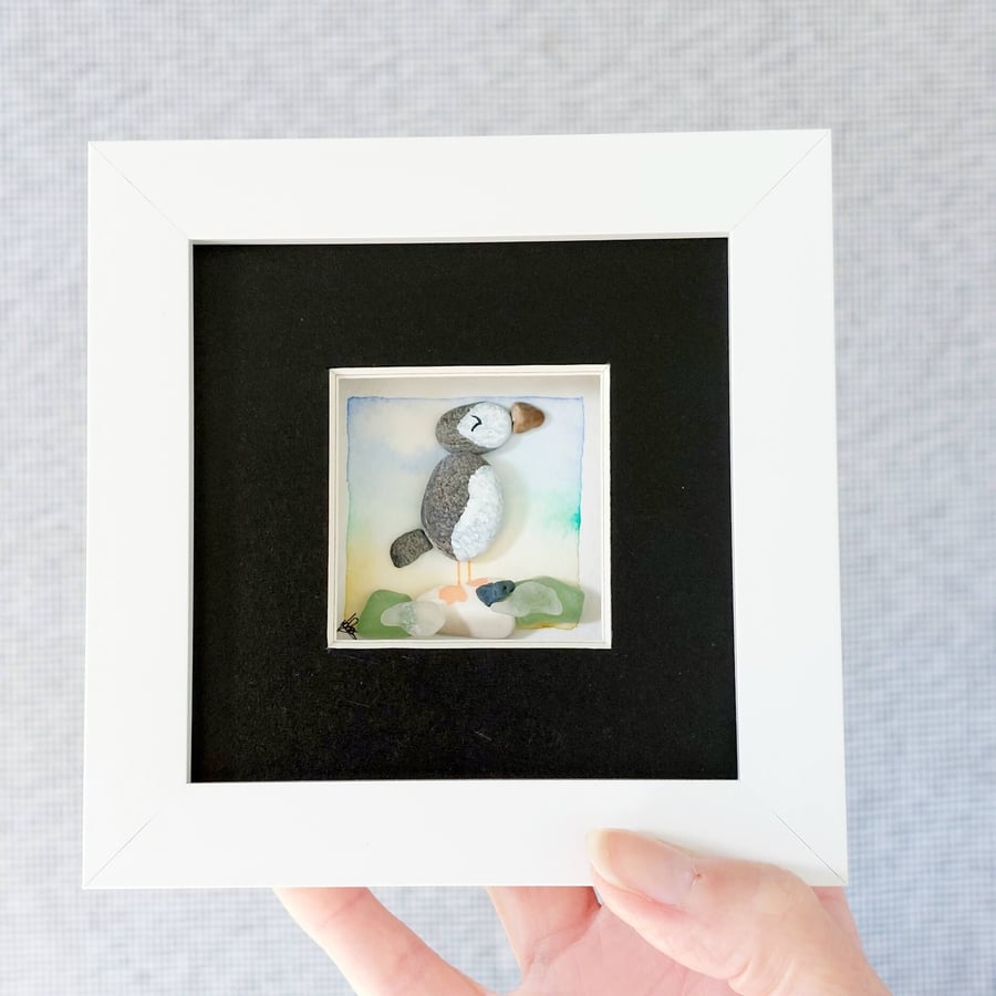 Puffin Desk Art Original Sea Glass and Watercolour - Coastal Picture Gift