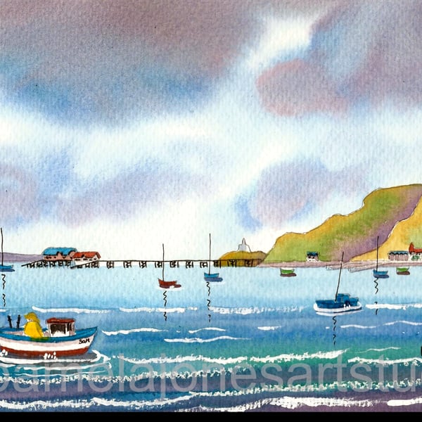 Boats In The Bay, Mumbles, Swansea Bay, Watercolour Print in 8 x 6 '' Mount