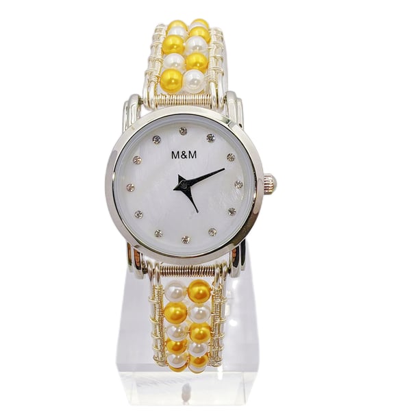 Gold and white pearl beads Bracelet Watch Beaded Wrist Watch Personalized Women'