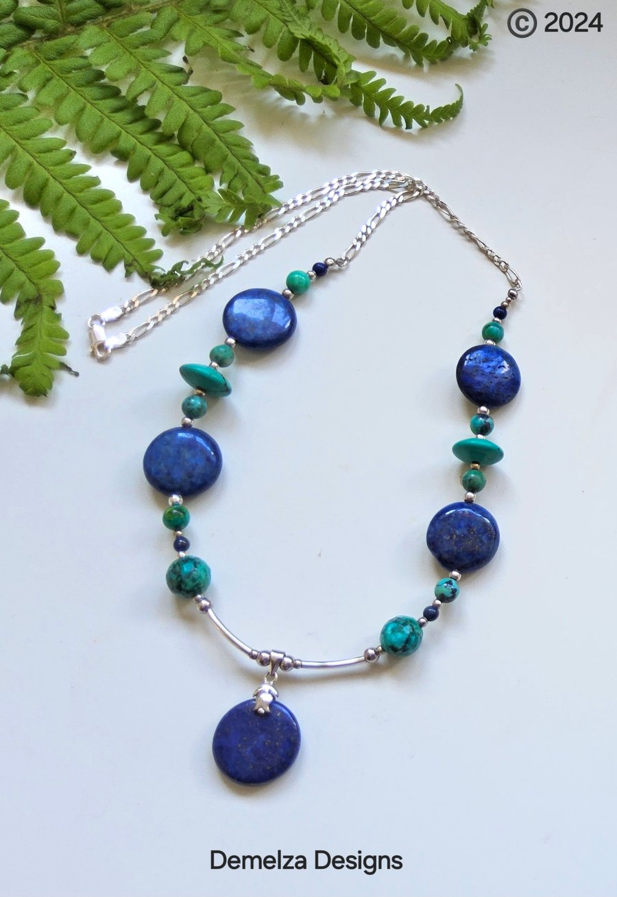 Designer Turquoise & Lapis Lazuli Necklace 925 Sterling Silver  ONE OFF