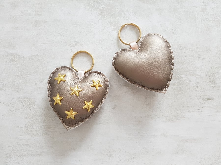 SALE Heart Bag Charm, Star Studded Keyring, Faux Leather Heart Keyring