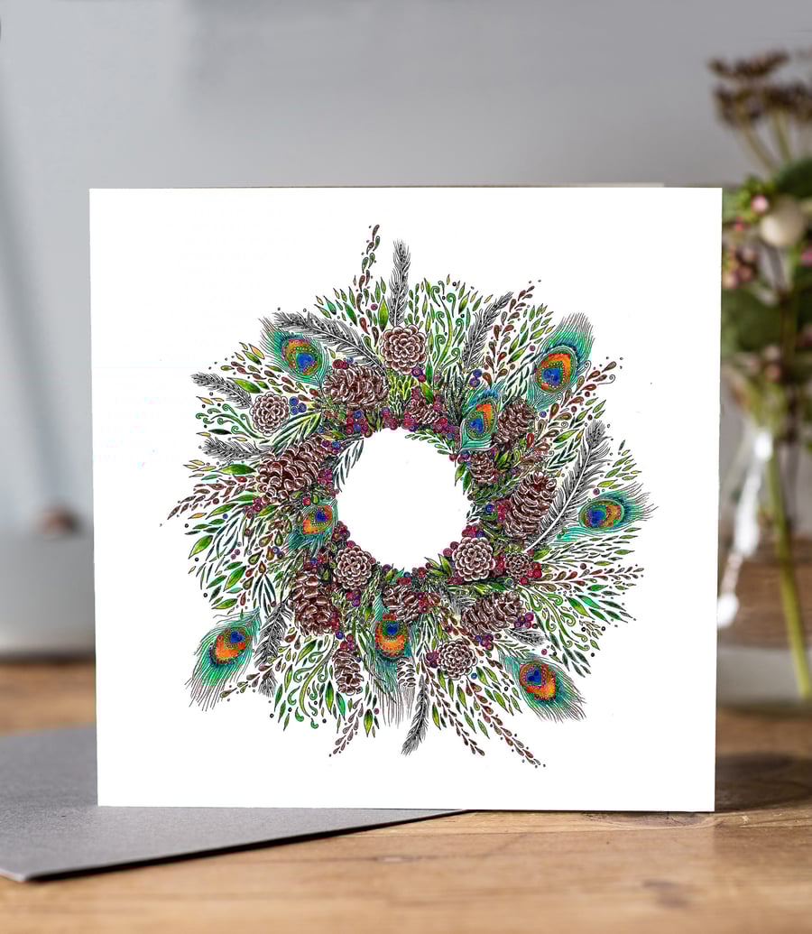 Peacock Wreath Christmas card