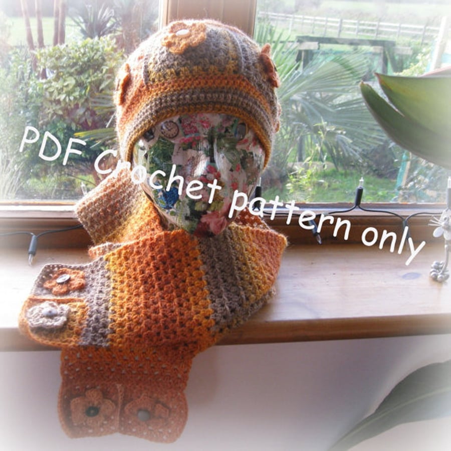 Crochet pattern. Granny square crochet hat and scarf crochet pattern for adult. 
