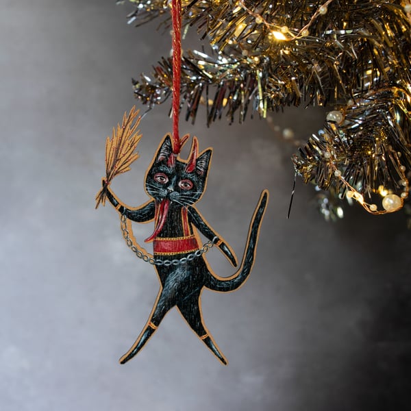 Christmas Krampus black cat hanging ornament. Double sided
