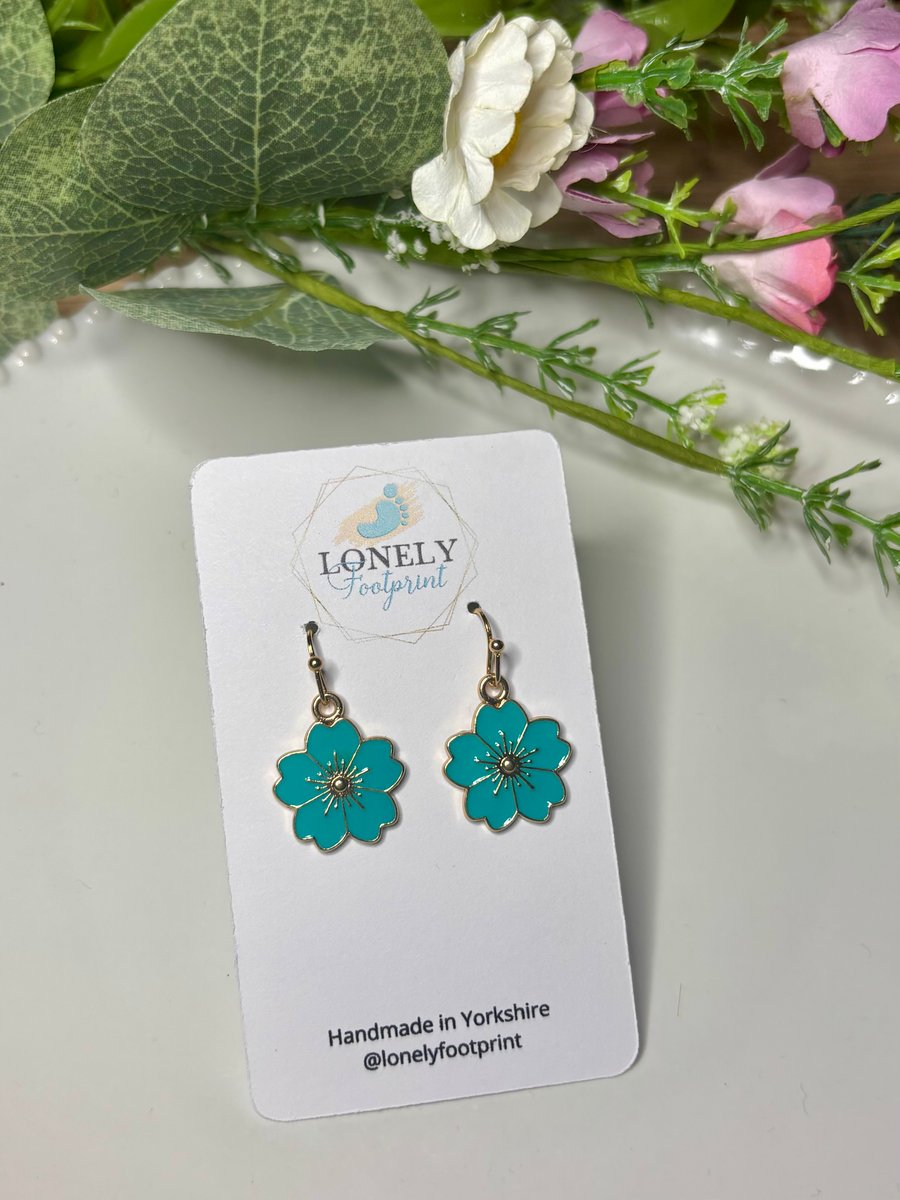 Turquoise Flower Earrings, Floral Charms, Handmade Jewellery 