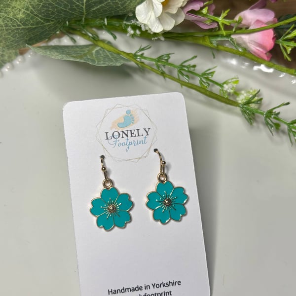 Turquoise Flower Earrings, Floral Charms, Handmade Jewellery 