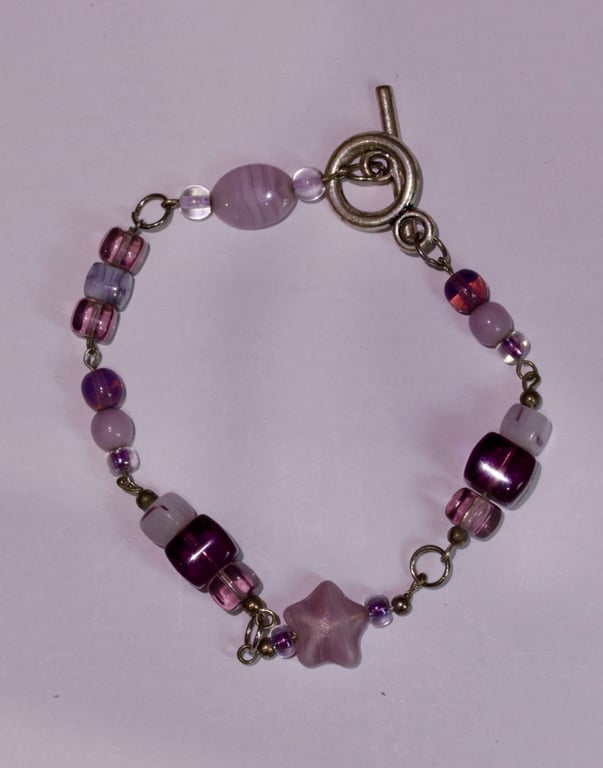 Handmade Lavender & Violet Glass Bead Charm Bracelet