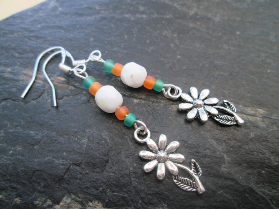 Beaded daisy flower charm dangle earrings, floral summer jewellery