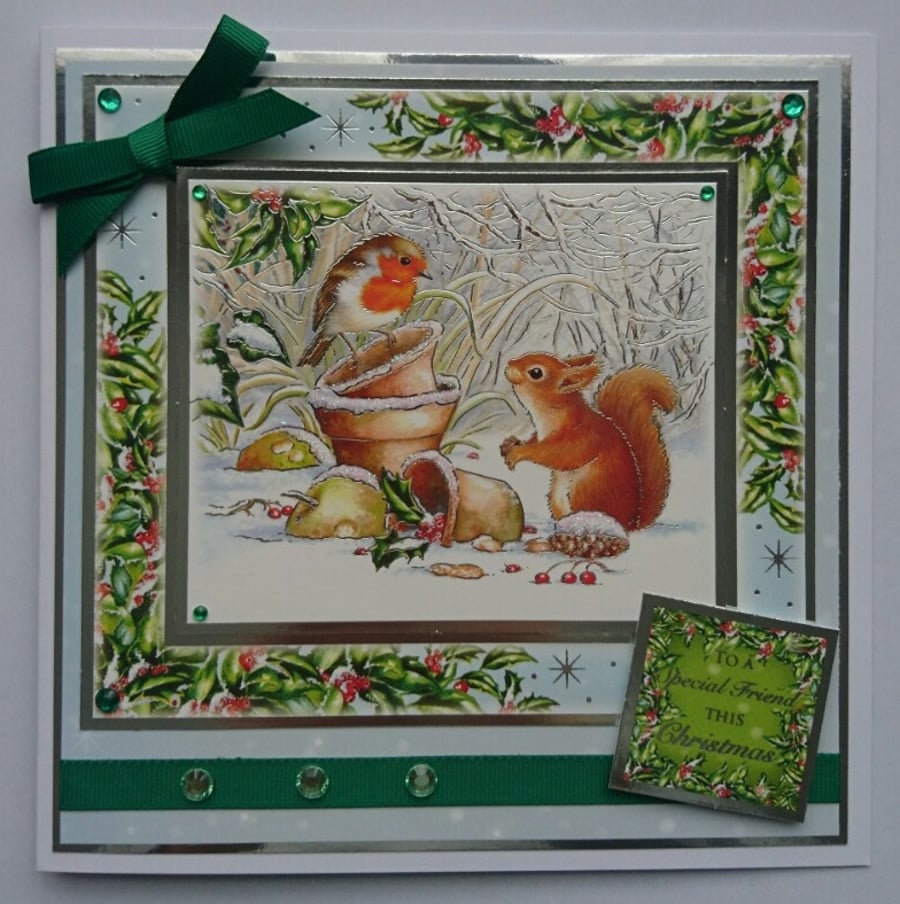 Christmas Card Robin and Squirrel To A Special Friend 3D Luxury Handmade Card