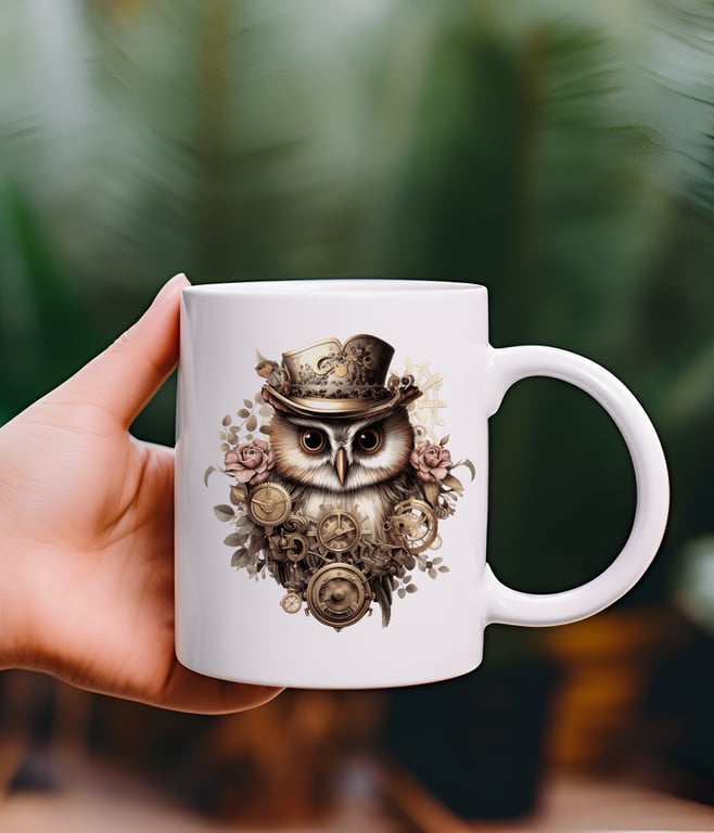 Gothic Steampunk Owl Mug – Victorian Gears & Cogs Coffee Cup – Owl Lover Gift