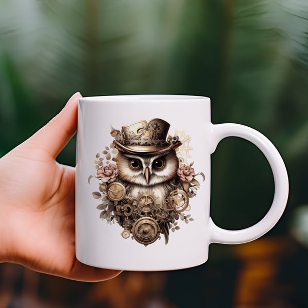 Gothic Steampunk Owl Mug – Victorian Gears & Cogs Coffee Cup – Owl Lover Gift