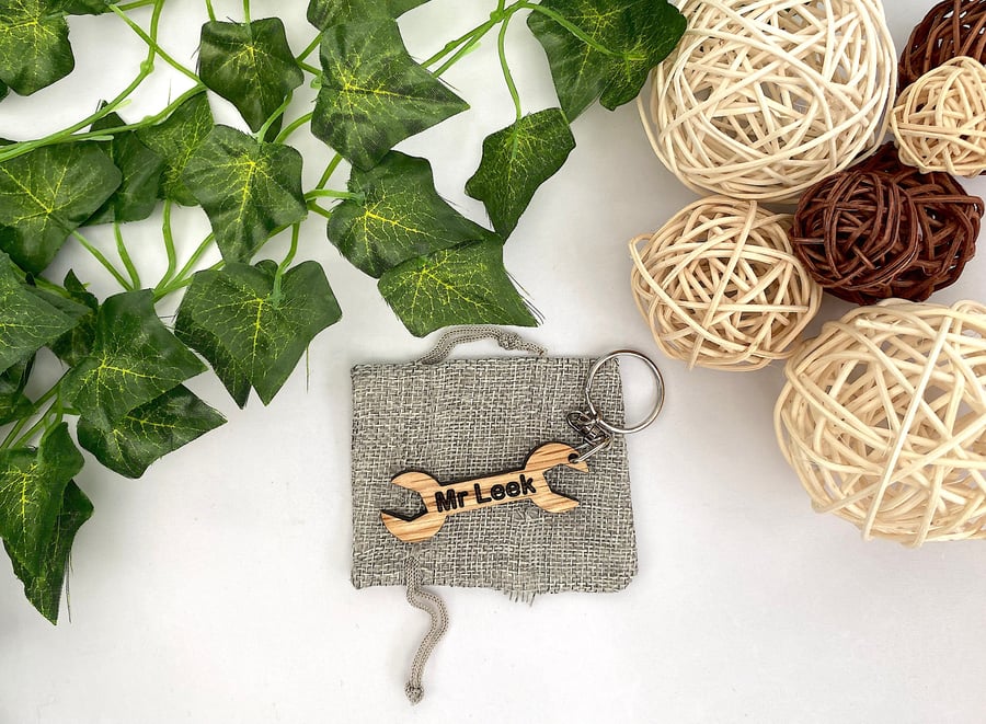 Personalised Spanner Keyring, Wood Tool Keychain with Gift Bag