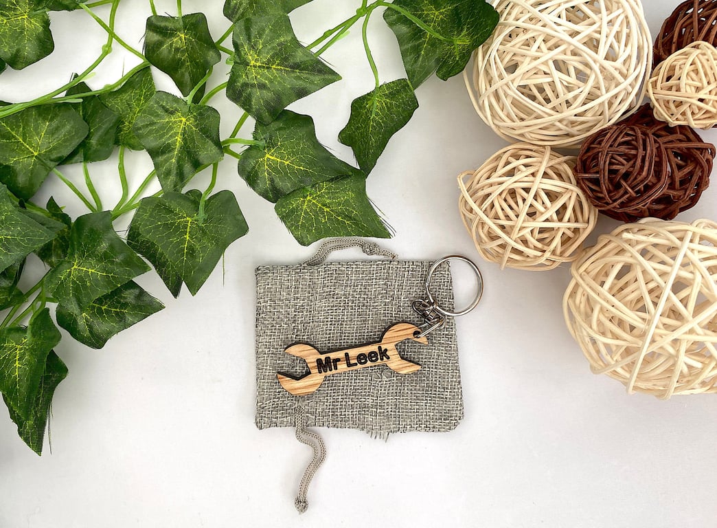 Personalised Spanner Keyring, Wood Tool Keychain with Gift Bag