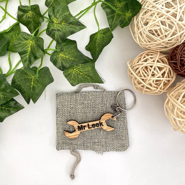 Personalised Spanner Keyring, Wood Tool Keychain with Gift Bag