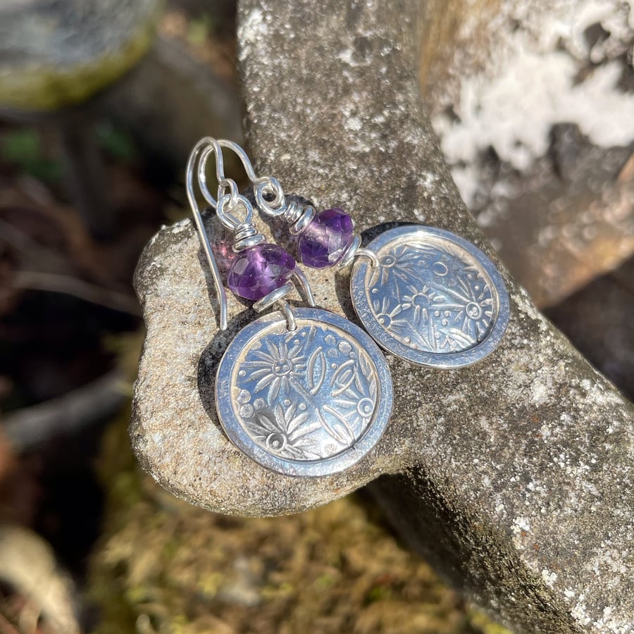Silver floral earrings with amethyst beads