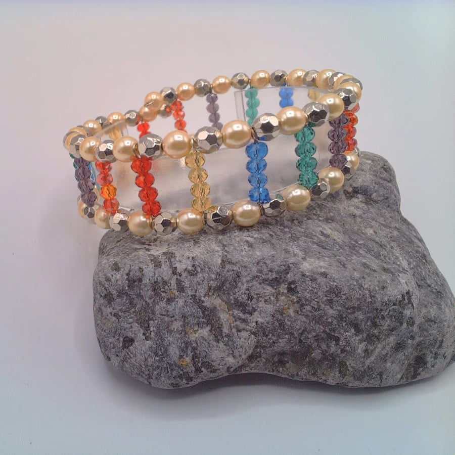 2 Strand Pearl & Crystal Memory Wire Cuff Bracelet, Gift for Her, Cuff Bracelet