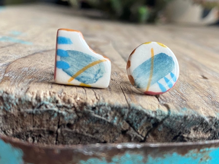 Handmade Ceramic Mismatched Sterling Silver Stud Earrings