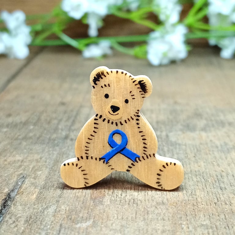 Colon Bowel Cancer Awareness Bear Badge, Handmade Teddy Support Brooch