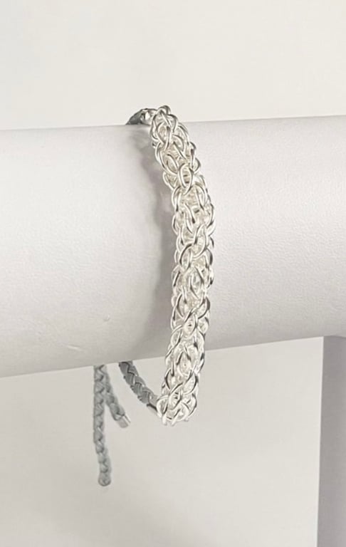 Unisex Sterling Silver Woven Slider Chainmaille Bracelet 