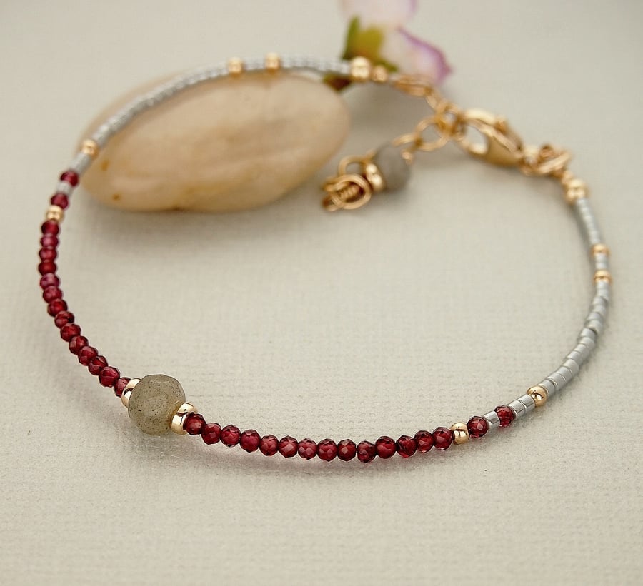 Red Garnet Gemstone Skinny Seed Bead Bracelet- Gold Filled - Layering