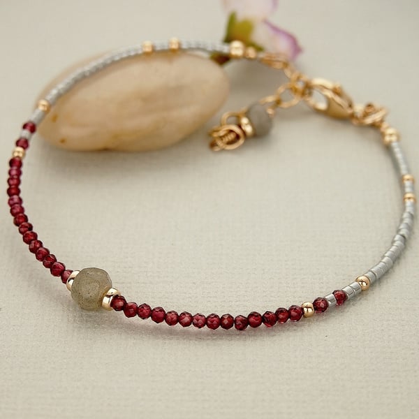 Red Garnet Gemstone Skinny Seed Bead Bracelet- Gold Filled - Layering