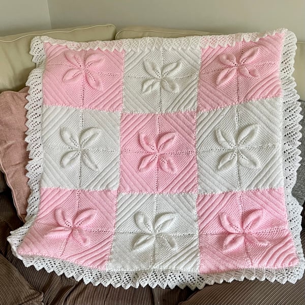 Handknitted baby blanket pink and white leaf design fully lined