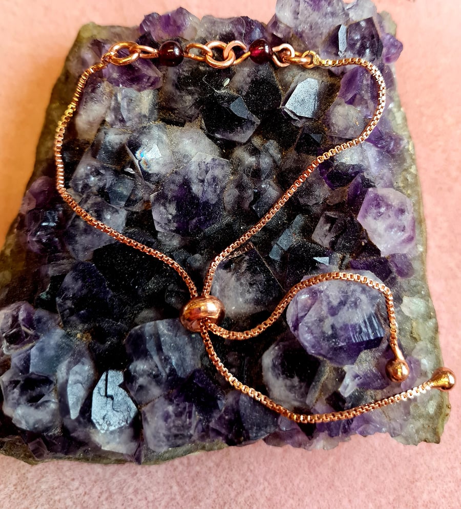 Adjustable Box Chain Copper and Garnet Bracelet