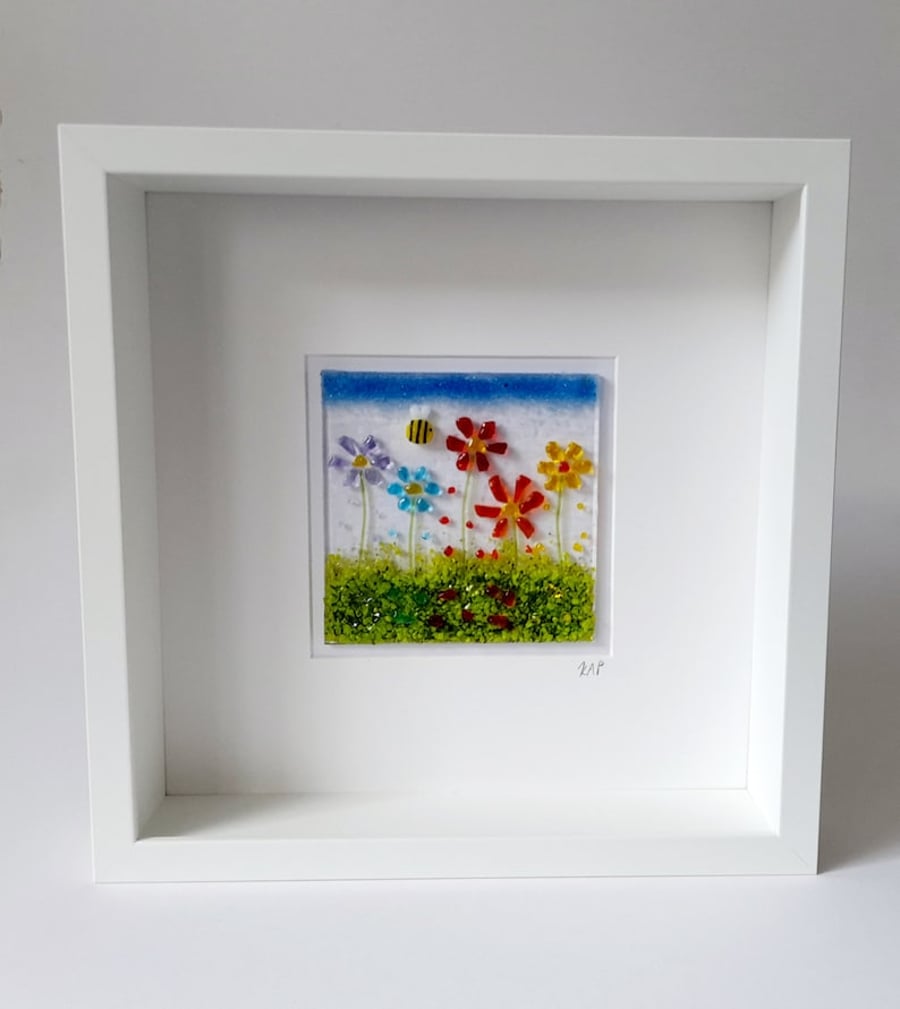 Fused Glass Framed Picture With Rainbow Daisies And A Bee 
