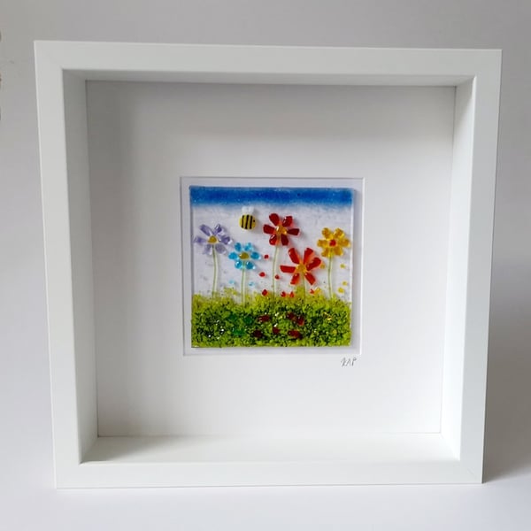 Fused Glass Framed Picture With Rainbow Daisies And A Bee 