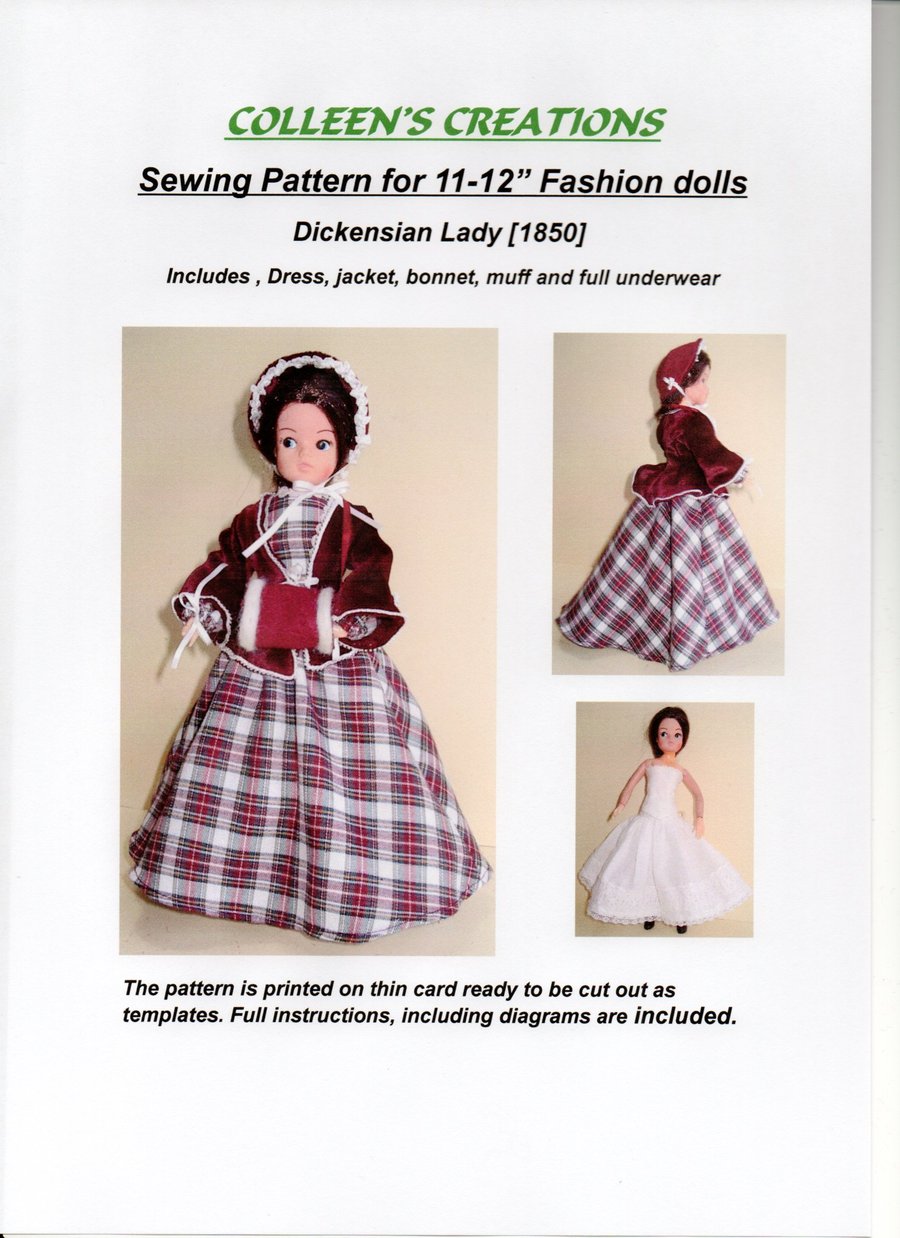 Sewing Pattern for 11-12"Fashion doll, Dickensian Lady, 1850