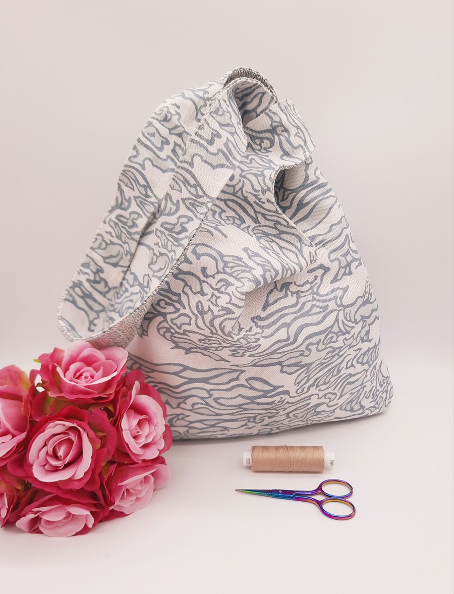 Reversible knot bag in sea green waves, handbag,  tote. 