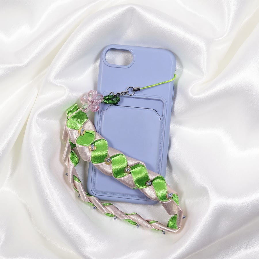 Handmade Green & Light Pink Ribbon Phone Strap with Beads & Floral Embellishment