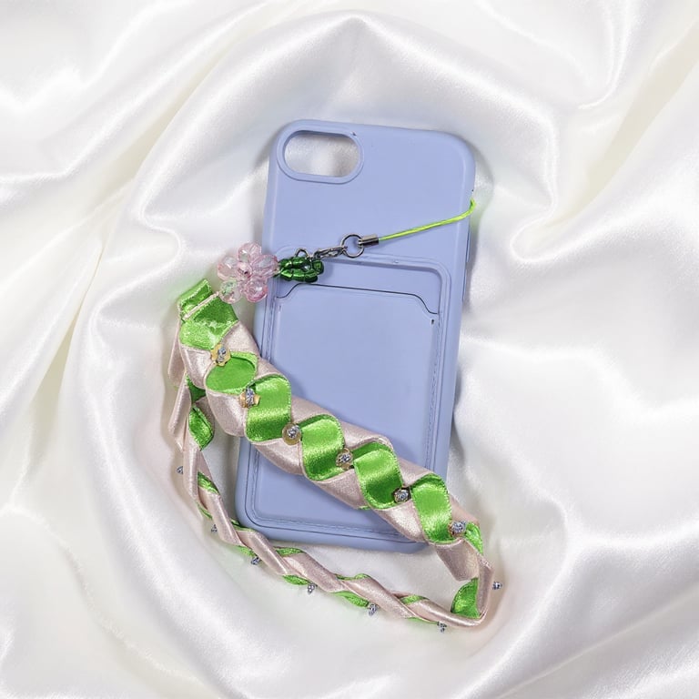 Handmade Green & Light Pink Ribbon Phone Strap with Beads & Floral Embellishment