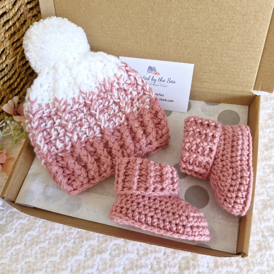 Crochet Ombre Baby Hat & Bootie Set – New Baby Gift