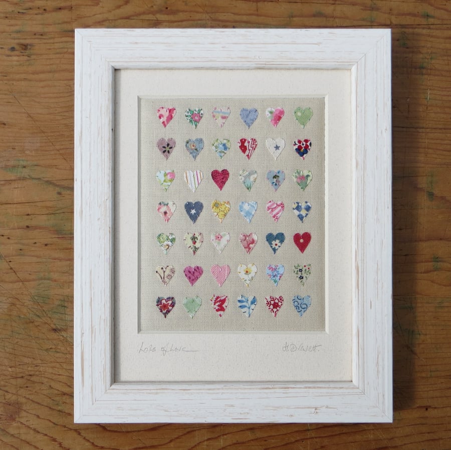 'Lots of Love' miniature applique framed hand-stitched textile, detailed, pretty
