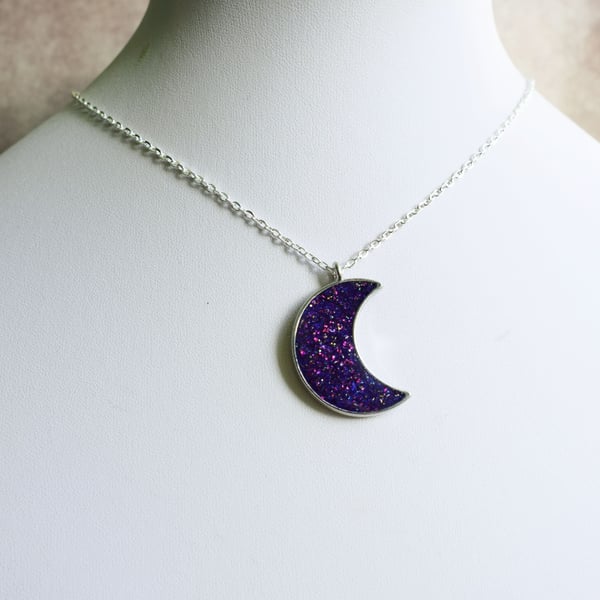  Crescent Moon Necklace Filled with Galaxy Glitter, Celestial Jewellery