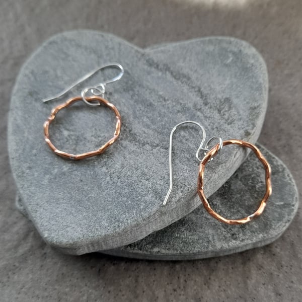Wavy Copper Hoop Earrings With Sterling Silver Ear Wires