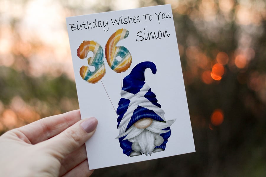 Scottish Gnome Age Birthday Card, Card for 36th Birthday, Scottish Flag Gnome