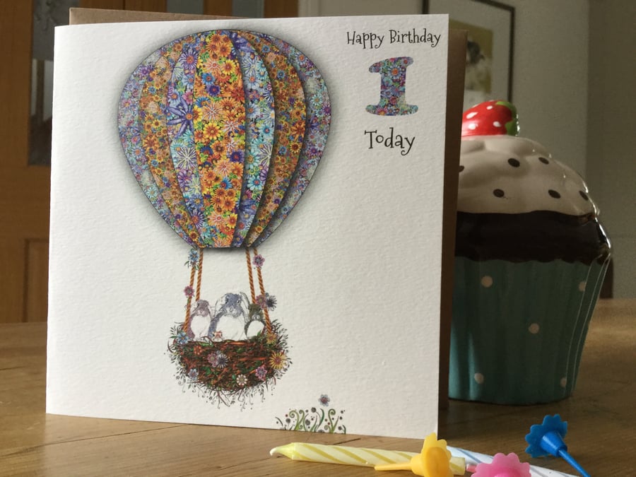 ‘Up in my Balloon’ Age 1 Birthday Card Unisex (Bunnies) 