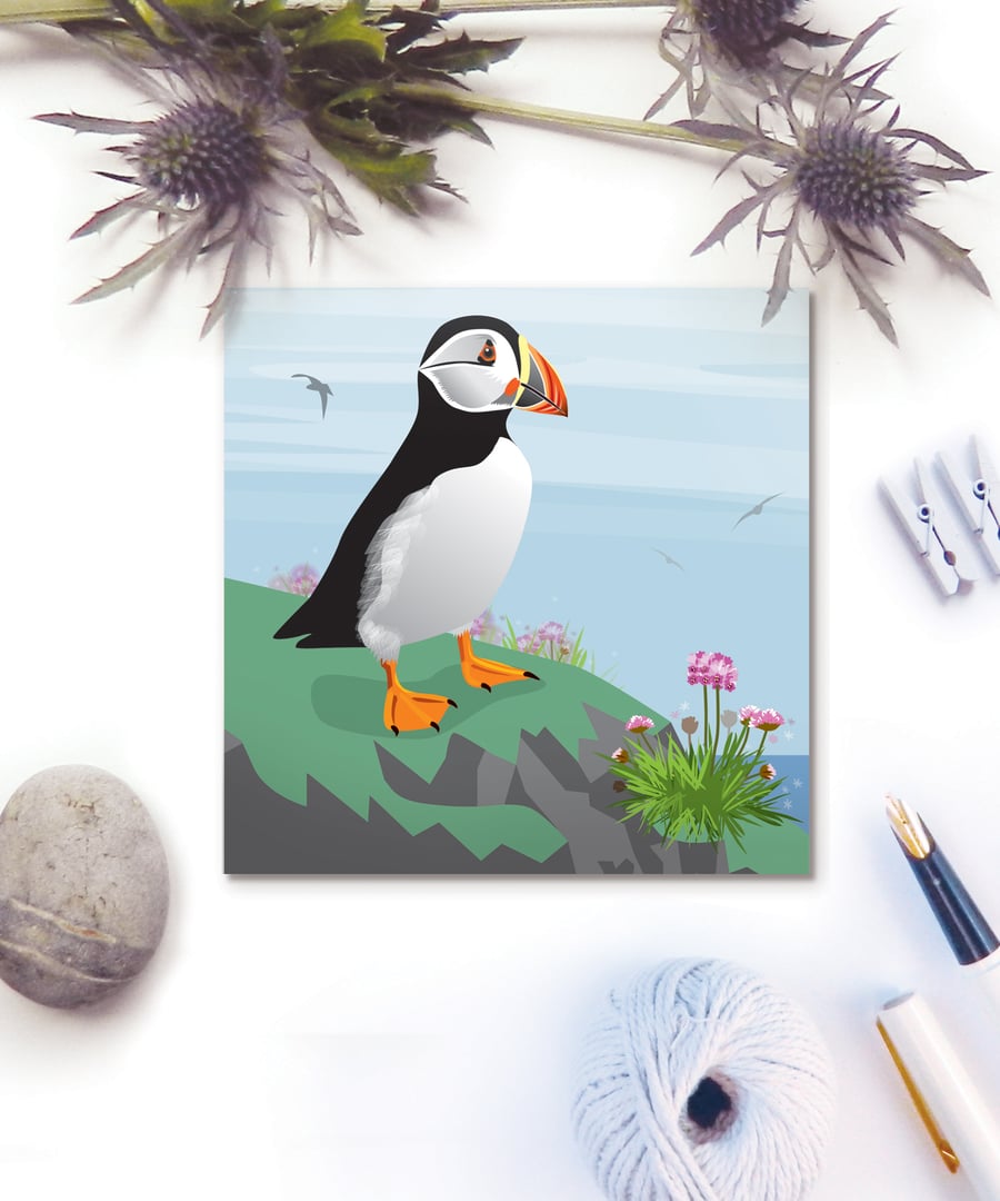 Puffin with Sea Thrift Card - Eco friendly, seaside, birthday, Fathers Day