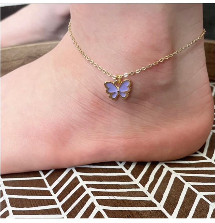 Purple butterfly goldtone charm pendant anklet adults and children sizes