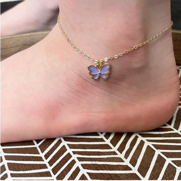 Purple butterfly goldtone charm pendant anklet adults and children sizes