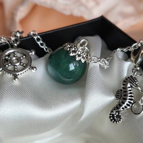Deep Siren Green, Siren Themed Resin Ball Bracelet 