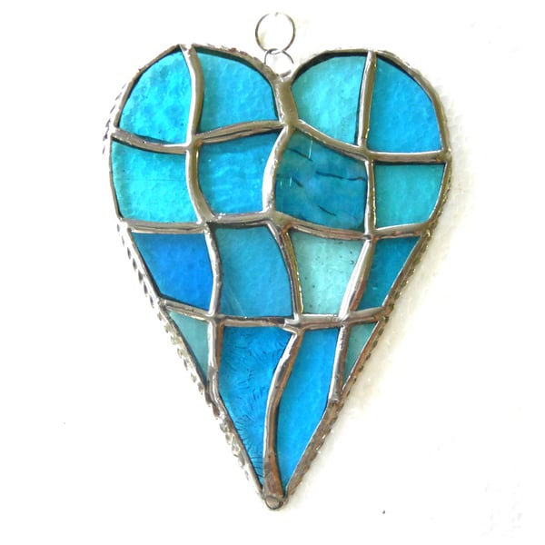 Patchwork Heart Suncatcher Stained Glass Handmade Turquoise Aqua 105
